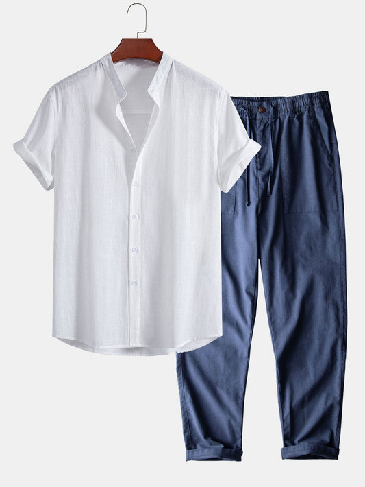 Linen Look Cotton Stand Collar Shirt & Straight Leg Linen Cotton Blend Pants