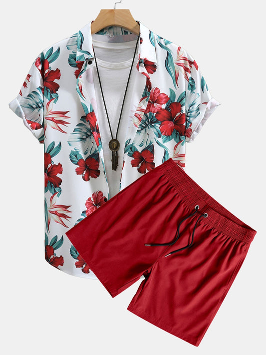 Tropical Floral Print Button Up Shirt & Swim Shorts