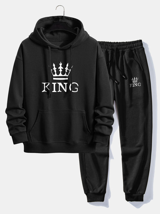 King Crown Print Relax Fit Hoodie & Jogging Pants