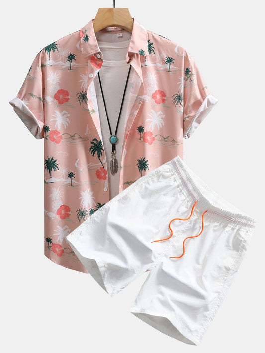 Tropical Plants Print Button Up Shirt & Swim Shorts