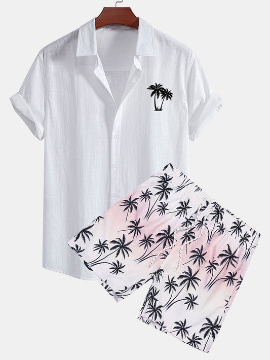 Palm Trees Print Linen Look Cotton Button Up Shirt & Swim Shorts