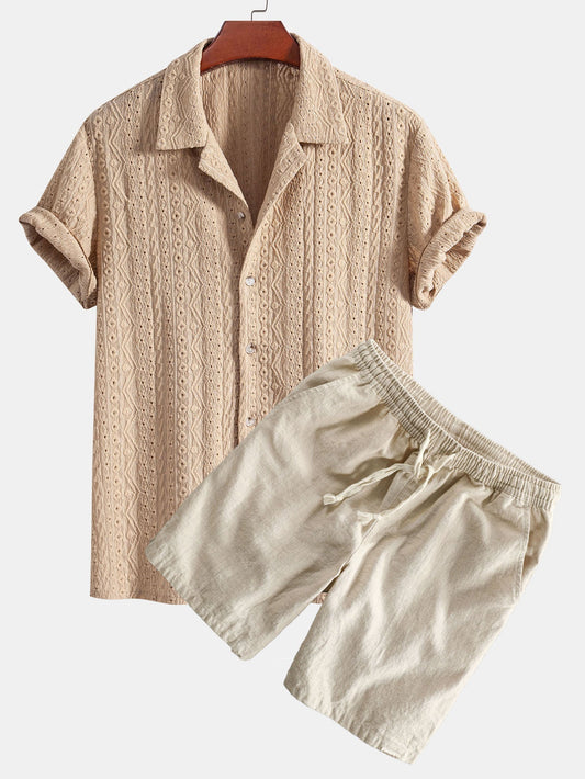 Geometric Jacquard Textured Cuban Shirt & Linen Cotton Blend Shorts