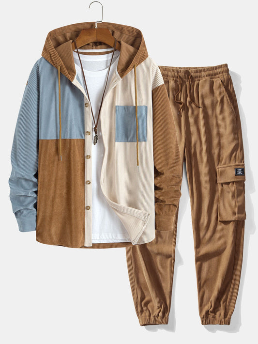 Relax Fit Colorblock Corduroy Hooded Shirt & Drawstring Corduroy Cargo Jogger Pants