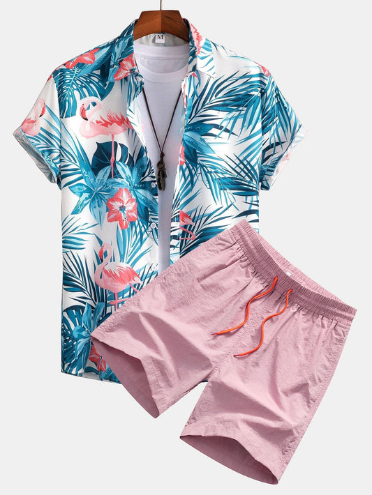 Flamingo Tropical Print Button Up Shirt & Swin Shorts