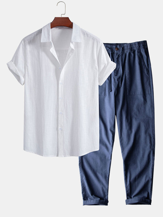 Linen Look Cotton Button Up Shirt & Straight Leg Linen Cotton Blend Pants