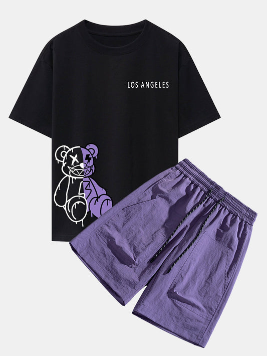 Los Angeles Dissolving Bear Print Oversize T-Shirt & Shorts