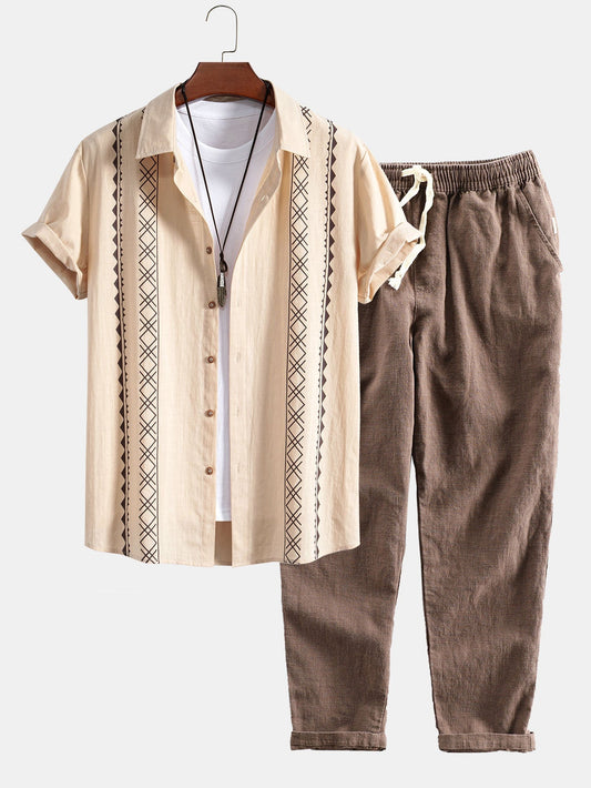 Geometric Print Linen Look Shirt & Linen Cotton Blend Cropped Pants