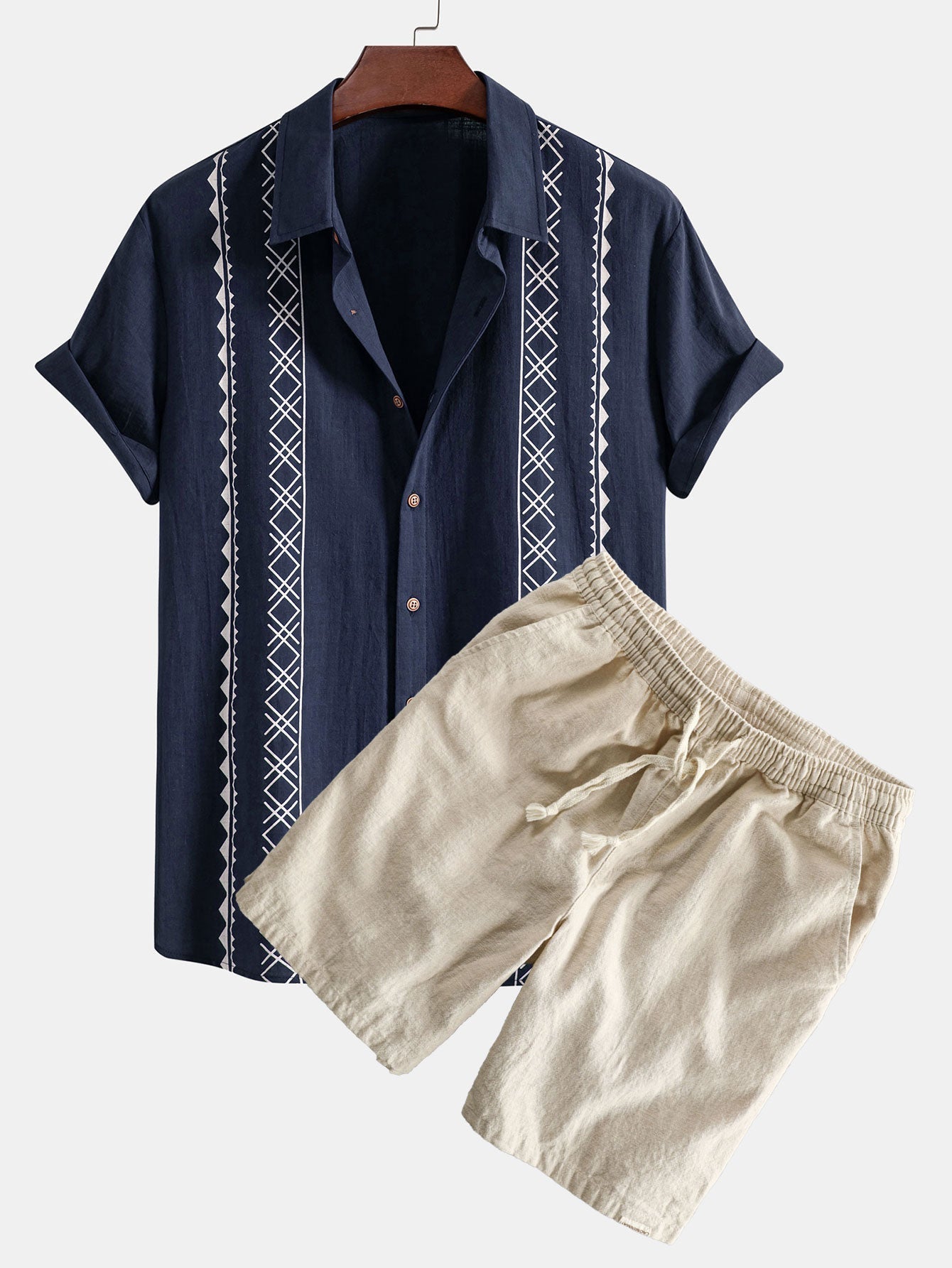 Geometric Print Linen Look Shirt & Linen Cotton Blend Drawstring Shorts