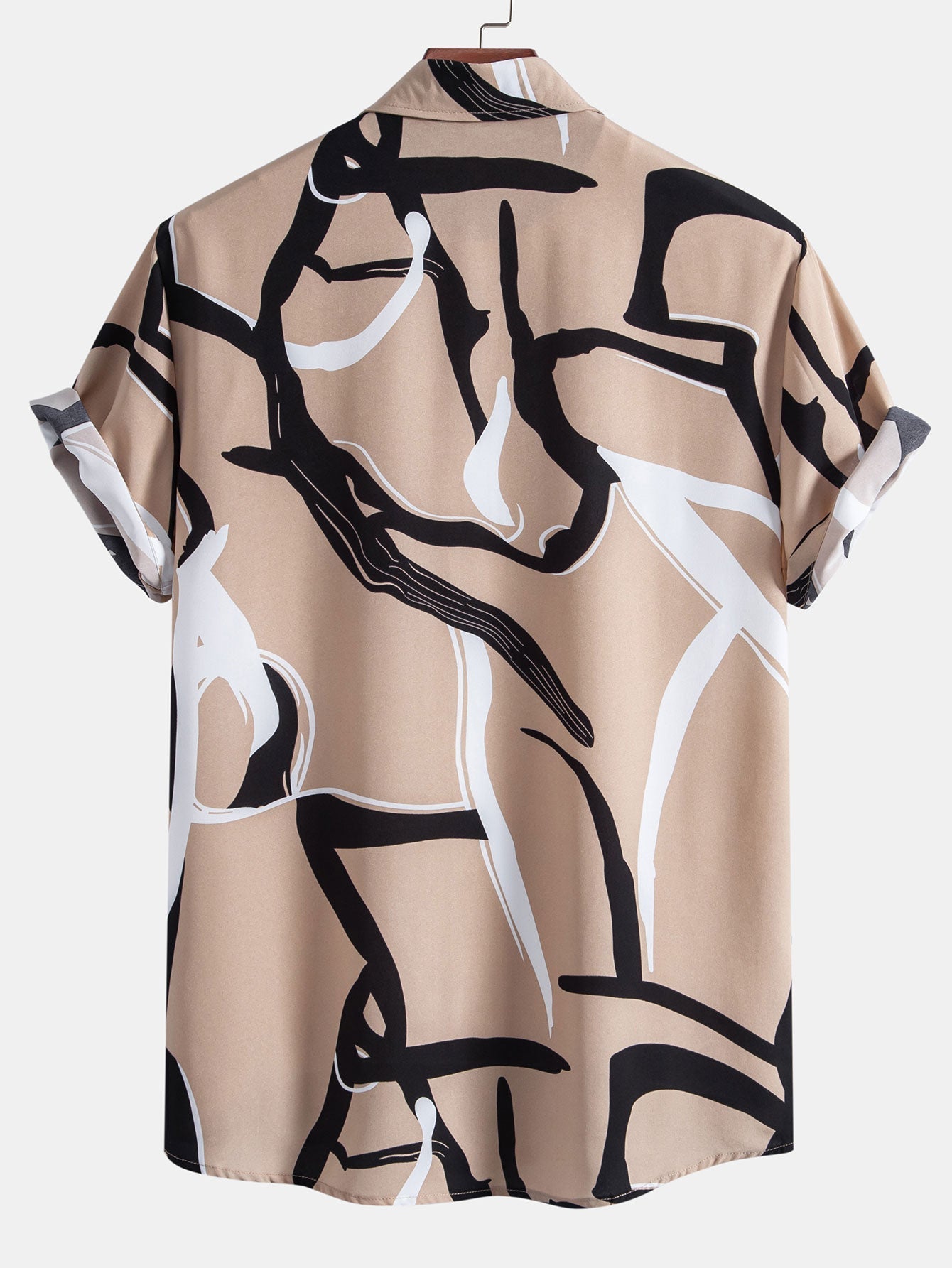 Abstract Print Button Up Shirt & Solid Drawstring Swim Shorts