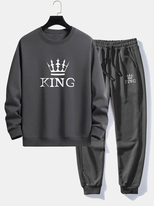 King Crown Print Relax Fit Crew Neck Sweatshirt & Jogging Pants