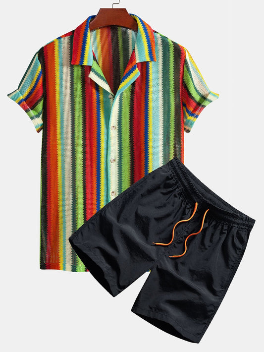 Colorful Striped Waffle Texture Cuban Shirt & Swim Shorts