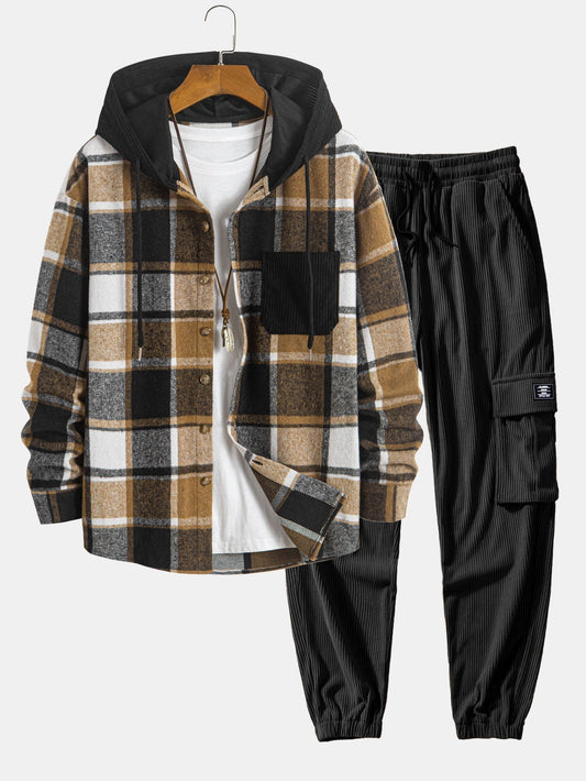 Relax Fit Corduroy Plaid Hooded Shirt & Drawstring Corduroy Cargo Jogger Pants