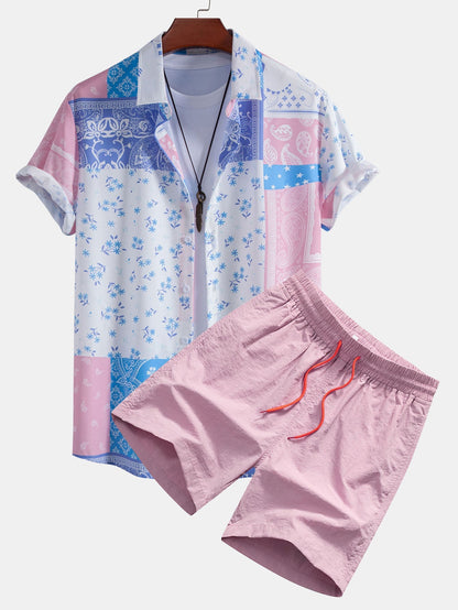 Paisley Floral Print Button Up Shirt & Swim Shorts