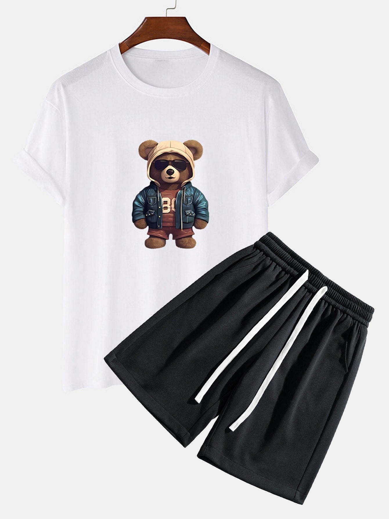 Bear In Leather Jacket Print T-Shirt & Textured Shorts