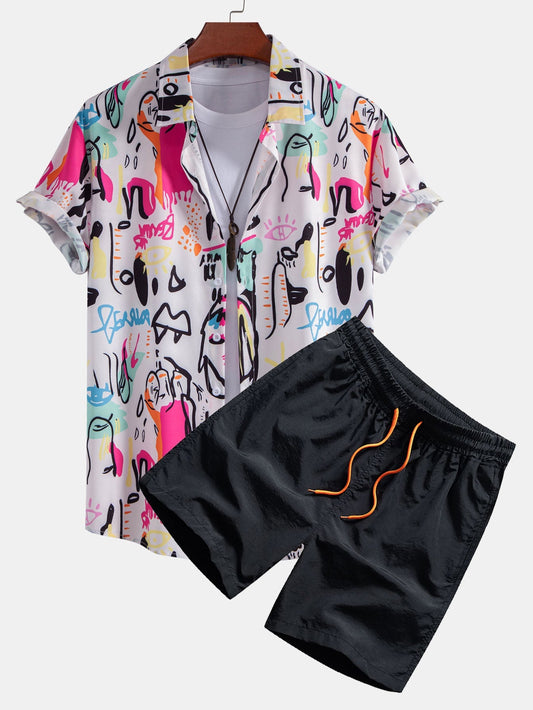 Graffiti Print Button Up Shirt & Swim Shorts