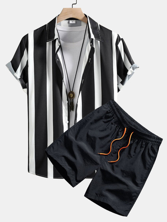 Striped Print Button Up Shirt & Swim Shorts