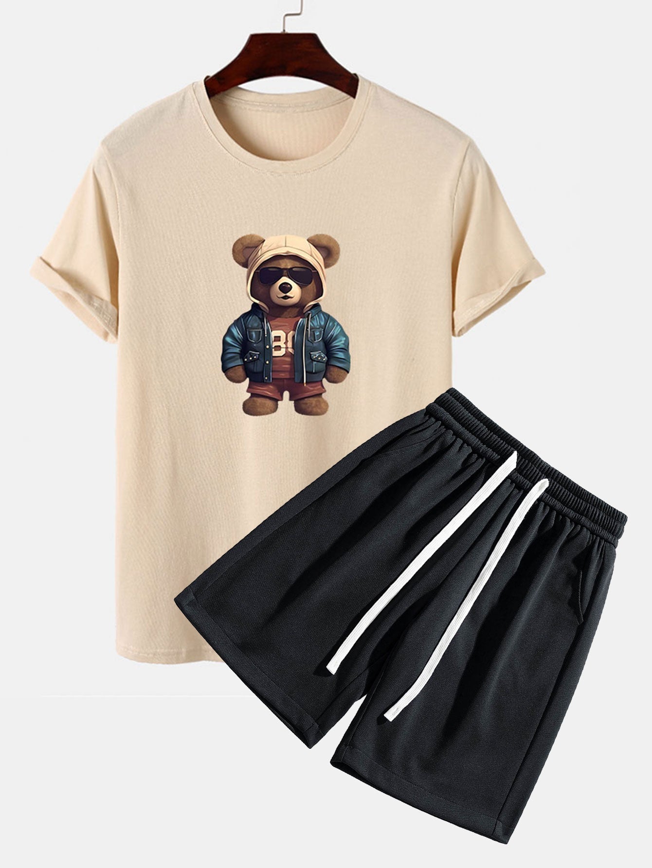 Bear In Leather Jacket Print T-Shirt & Textured Shorts