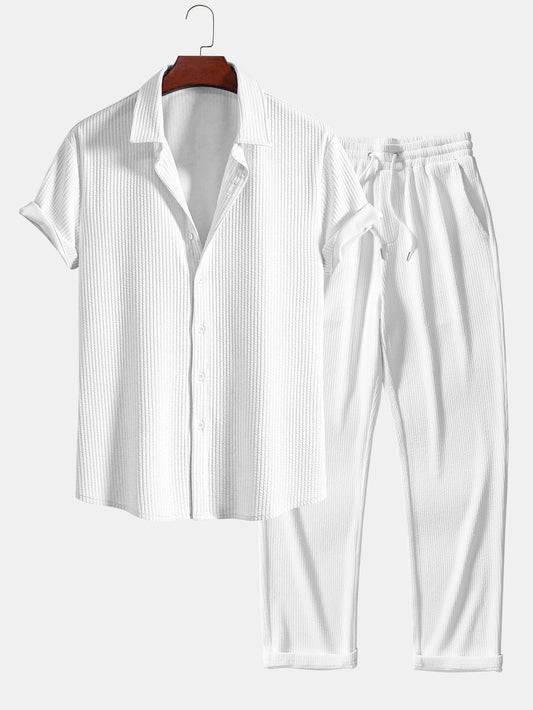 Muscle Fit Ribbed Button Up Shirt & Straight Leg Ribbed Pants