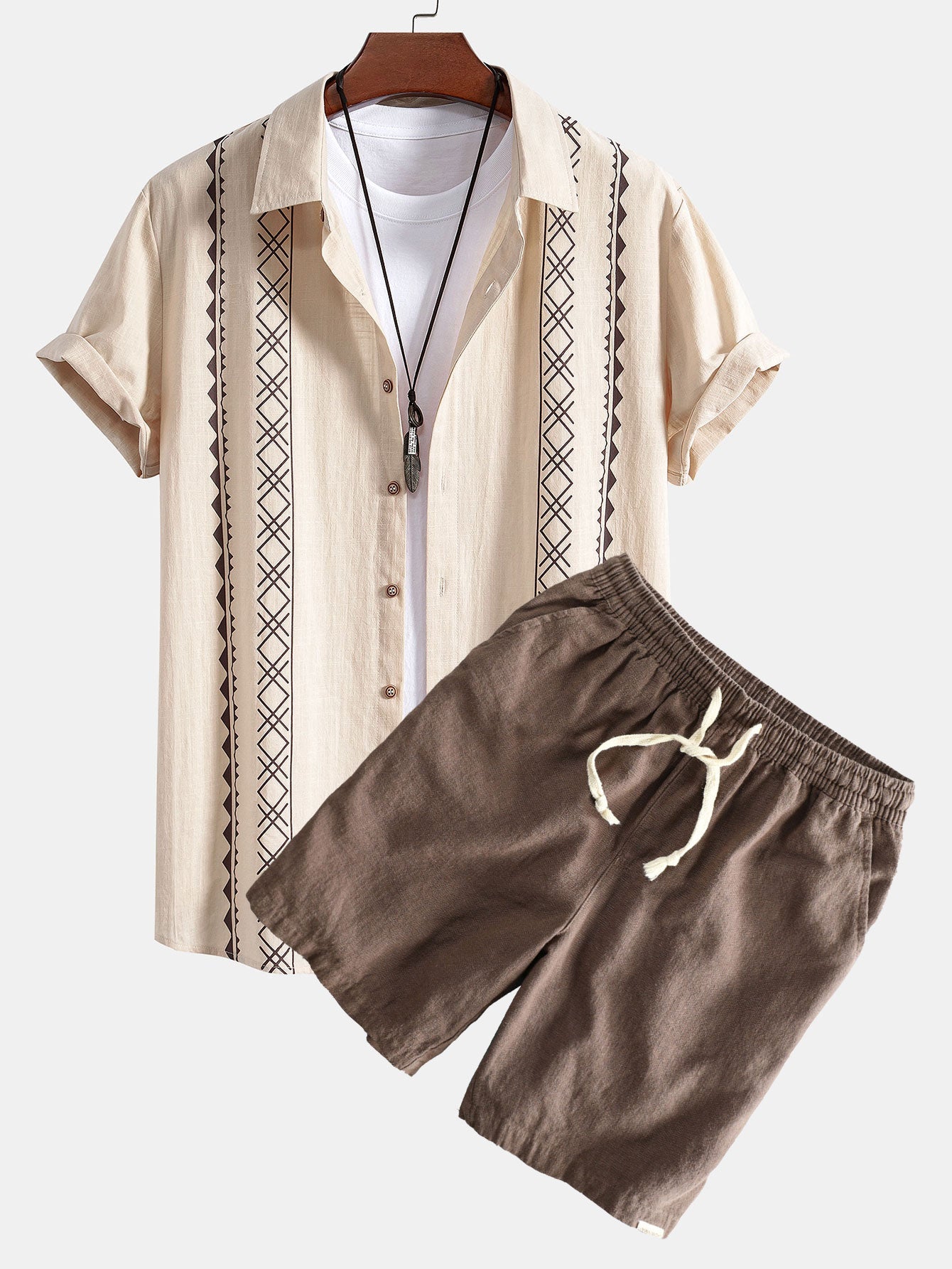 Geometric Print Linen Look Shirt & Linen Cotton Blend Drawstring Shorts