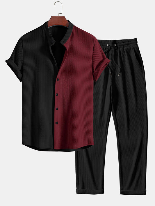 Two Tone Muscle Fit Ribbed Stand Collar Shirt & Straight Leg Ribbed Pants