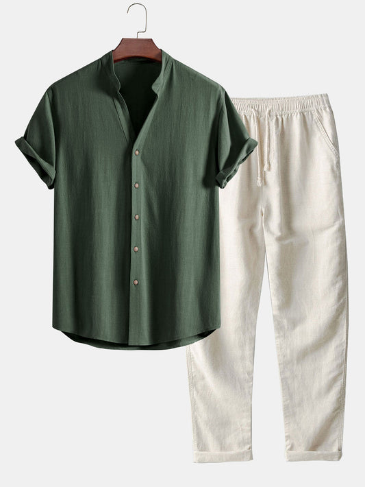 Short Sleeve Linen Rayon Blend Stand Collar Shirt & Straight Leg Linen Pants