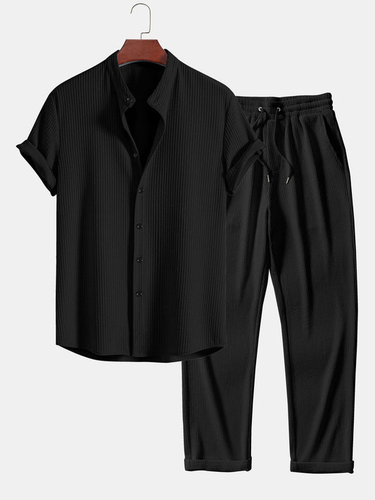 Muscle Fit Ribbed Stand Collar Shirt & Straight Leg Ribbed Pants