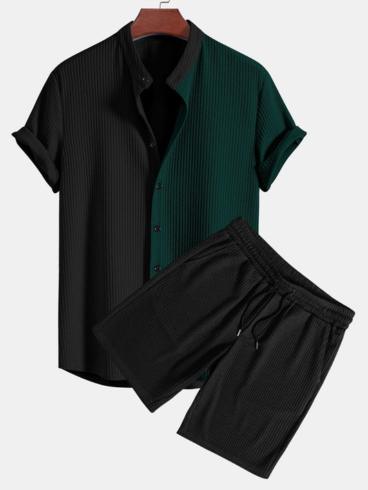 Two Tone Muscle Fit Ribbed Stand Collar Shirt & Shorts