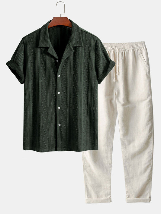 Knitted Geometric Rhombus Jacquard Cuban Shirt & Straight Leg Linen Pants