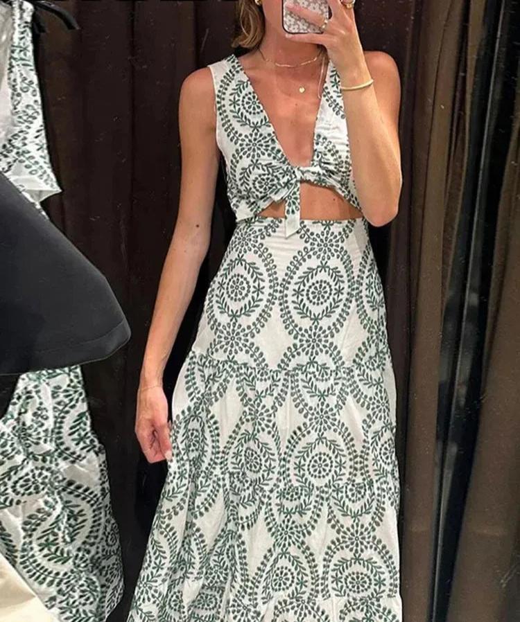 Vestido Midi Casual  Estampado  Cut Out e Amarração Moderna Verano