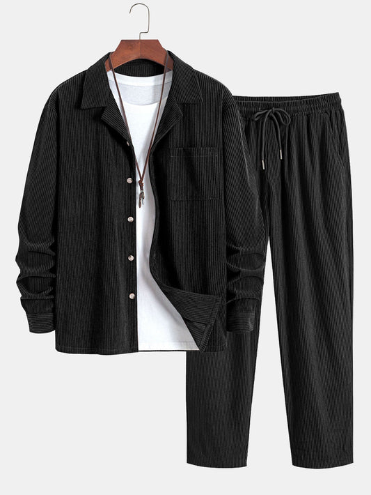 Long Sleeve Corduroy Cuban Collar Shirt & Straight Leg Corduroy Pants