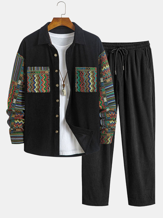 Relax Fit Ethnic Geometric Corduroy Patchwork Shirt # Random Pattern Design # & Straight Leg Corduroy Pants