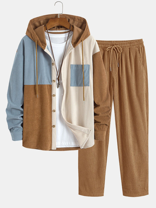 Relax Fit Colorblock Corduroy Hooded Shirt & Straight Leg Corduroy Pants