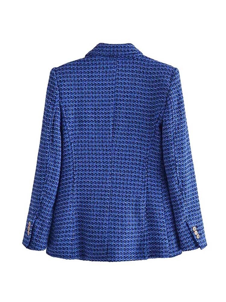 Blazer Feminino Alongado Tweed Xadrez Azul Tarsíla