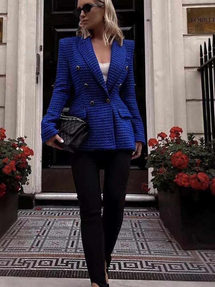 Blazer Feminino Alongado Tweed Xadrez Azul Tarsíla