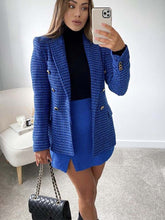 Blazer Feminino Alongado Tweed Xadrez Azul Tarsíla