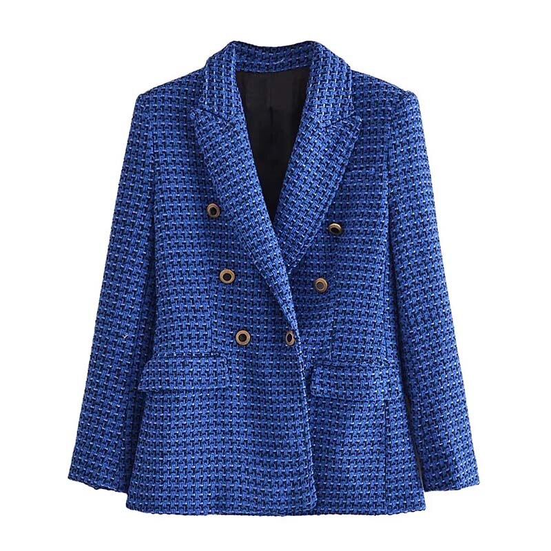 Blazer Feminino Alongado Tweed Xadrez Azul Tarsíla