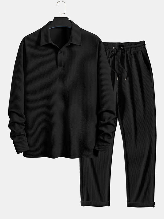 Long Sleeve Ribbed Polo & Straight Leg Ribbed Pants