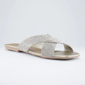 Sandália Feminina Rasteira Tiras Cruzada com Strass Moderna Summer