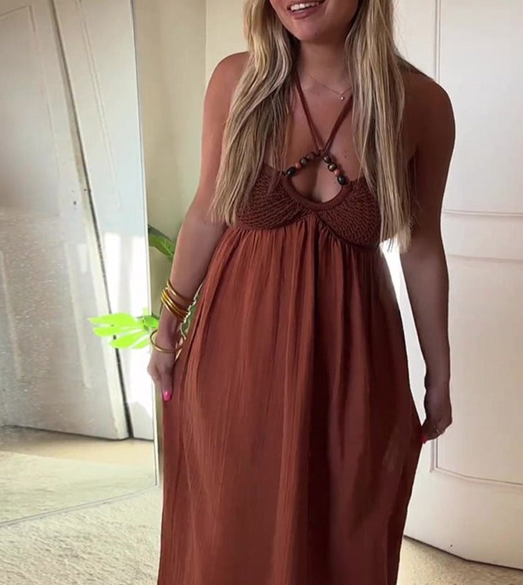 Vestido Longo Halter Amarração no Pescoço Bojo Crochê