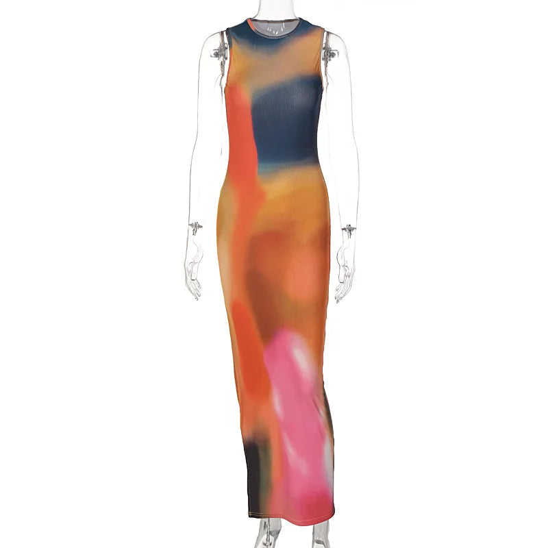 Vestido Longo Bodycon Alça Regata Ampla Fenda Lateral Tie-Dye Moderna