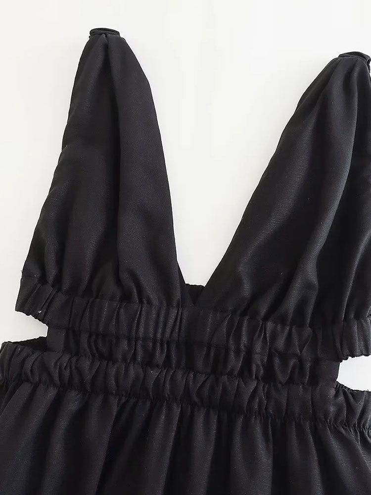 Vestido Midi Frente Única Preto Cintura com Lastex Decote V - Dress Chic