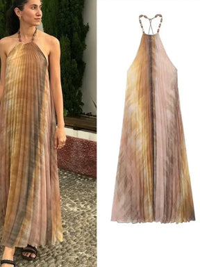 Vestido Longo Plissado Estampado Tie Dye Frente Única Moderna Brisa