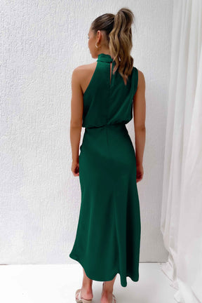 Vestido Longo de Festa Drapeado em Cetim Verde - Allure