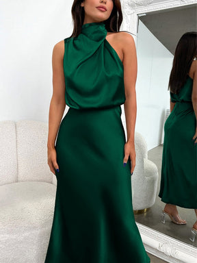 Vestido Longo de Festa Drapeado em Cetim Verde - Allure