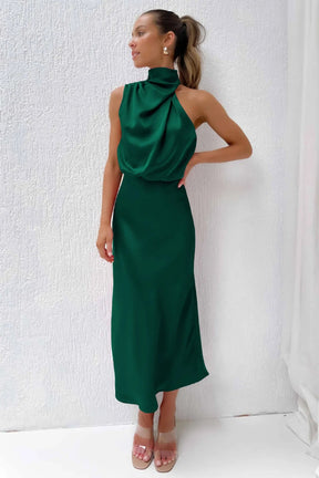 Vestido Longo de Festa Drapeado em Cetim Verde - Allure