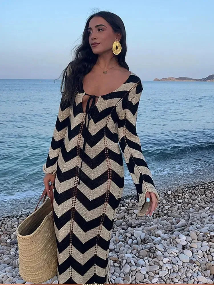 Saída de Praia Vestido Longo Tricot Listrado Moderna Capri