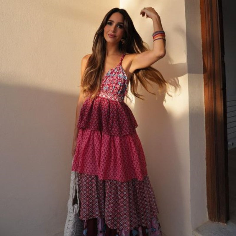 Vestido Longo Estampado de Alcinha Saia em Camadas - Primavera Verão