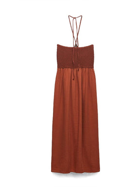 Vestido Longo Halter Amarração no Pescoço Bojo Crochê