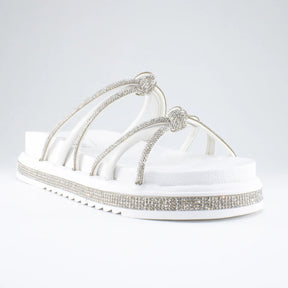 Sandália Feminina Papete Flatform Tiras com Strass Moderna Shine