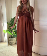 Vestido Longo Halter Amarração no Pescoço Bojo Crochê